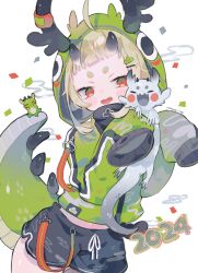 Rule 34 | 1girl, 2024, absurdres, ahoge, animal, animal hood, antlers, artist name, bandaid on horn, black horns, black shorts, blonde hair, chinese zodiac, confetti, cotono (nazekun), cowboy shot, creature, dated, dolphin shorts, dragon, dragon girl, dragon hood, dragon tail, egasumi, fangs, green eyes, green jacket, green scales, hands up, highres, holding, holding animal, hood, horns, jacket, long sleeves, looking at viewer, medium hair, midriff, multicolored eyes, multiple horns, new year, open mouth, original, red eyes, scales, short eyebrows, short shorts, shorts, simple background, skin-covered horns, sleeves past fingers, sleeves past wrists, solo, standing, tail, tail raised, white background, year of the dragon