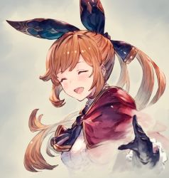 Rule 34 | 10s, 1girl, ^ ^, benitama, black gloves, bow, cape, clarisse (granblue fantasy), closed eyes, closed eyes, gloves, granblue fantasy, hair bow, hair ribbon, long hair, open mouth, ponytail, red hair, ribbon