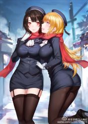 Rule 34 | 10s, 2girls, ascot, ass, asymmetrical docking, atago (kancolle), beret, black hair, black legwear, blonde hair, blue eyes, blurry, bokeh, breast press, breasts, closed mouth, depth of field, from side, garter straps, gloves, hat, high heels, jpeg artifacts, kantai collection, large breasts, leg up, long hair, miniskirt, multiple girls, pantyhose, profile, red eyes, red scarf, scarf, shared clothes, shared scarf, short hair, skirt, smile, takao (kancolle), thighhighs, watermark, white gloves, yykuaixian