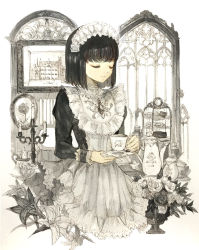 Rule 34 | 1girl, black hair, blunt bangs, candle, closed eyes, commentary request, cup, flower, frills, gem, holding, holding cup, keiko (mitakarawa), long sleeves, medium hair, muted color, original, solo, teacup, teapot, upper body, window