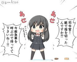 Rule 34 | 1girl, asashio (kancolle), black hair, blue eyes, bottle, chibi, commentary request, dress, full body, goma (yoku yatta hou jane), kantai collection, long hair, long sleeves, looking at viewer, neck ribbon, one-hour drawing challenge, pinafore dress, red ribbon, ribbon, shirt, simple background, sleeveless, sleeveless dress, solo, translation request, twitter username, white background, white shirt