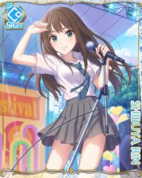 Rule 34 | 1girl, brown hair, green eyes, idolmaster, jewelry, microphone, necklace, official art, princess connect!, shibuya rin, skirt, stage lights