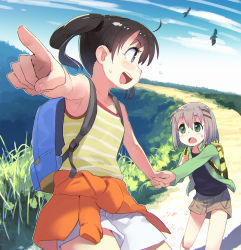 Rule 34 | 2girls, :d, :o, ahoge, arm up, armpits, backlighting, backpack, bag, bare arms, beige skirt, bird, blue sky, blurry, blush stickers, brown hair, brown skirt, bush, chromatic aberration, clothes around waist, cloud, collarbone, cowboy shot, day, depth of field, eye contact, eyes visible through hair, film grain, fingernails, flying sweatdrops, foreshortening, from side, gradient sky, grass, green eyes, green jacket, grey hair, hair between eyes, hair ornament, hairclip, hand up, hands up, highres, holding hands, jacket, jacket around waist, kuraue hinata, leg lift, long sleeves, looking at another, looking to the side, minawa, miniskirt, multiple girls, nature, open clothes, open jacket, open mouth, outdoors, outline, path, pointing, profile, purple eyes, road, round teeth, scenery, short hair, shorts, sideways mouth, skirt, sky, smile, striped, striped tank top, sweat, tank top, tareme, teeth, thighs, twintails, upper teeth only, walking, white outline, white shorts, yama no susume, yellow tank top, yukimura aoi