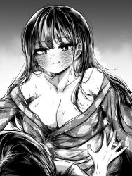 1boy 1girl ao_tanuki boku_no_kokoro_no_yabai_yatsu breasts cleavage closed_mouth collarbone girl_on_top greyscale hetero highres ichikawa_kyoutarou japanese_clothes kimono large_breasts long_hair mole mole_on_neck monochrome multiple_moles open_clothes open_kimono smile sweat tongue tongue_out yamada_anna yukata