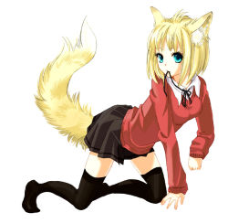 Rule 34 | 1girl, all fours, animal ears, arm support, black thighhighs, blonde hair, blue eyes, female focus, fox ears, fox tail, full body, fuwayu, inutose, mouth hold, no shoes, original, ribbon, school uniform, short hair, simple background, skirt, solo, sweater, tail, thighhighs, white background, zettai ryouiki