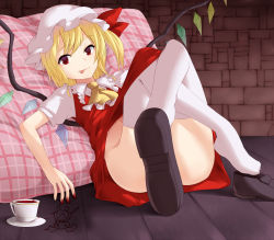 Rule 34 | 1girl, :p, ascot, asymmetrical hair, blonde hair, blood, censored, convenient censoring, crossed legs, cup, drawing, dress, feet, female focus, flandre scarlet, hair ribbon, hat, hat ribbon, highres, loafers, lying, mary janes, miyo (ranthath), no panties, one eye closed, pillow, red eyes, ribbon, saucer, shoe dangle, shoes, short hair, side ponytail, sitting, smile, solo, teacup, thighhighs, tongue, tongue out, touhou, white thighhighs, wings, wink