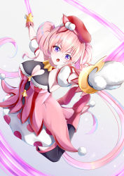 Rule 34 | 1girl, :o, absurdres, armpits, arms up, bare shoulders, beret, breasts, cleavage, cleavage cutout, clothing cutout, hair between eyes, hat, heart cutout, highres, jumping, large breasts, legs up, long hair, looking at viewer, mittens, open mouth, pink hair, princess connect!, purple eyes, red hat, signature, simple background, solo, takemura kou, tsumugi (princess connect!), twintails, white background, white mittens