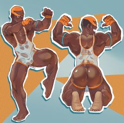 Rule 34 | 1boy, abs, anus, ass, back muscles, bara, bare pectorals, biceps, bulge, buzz cut, creatures (company), dark-skinned male, dark skin, double biceps pose, erection, erection under clothes, feet, fighting stance, flexing, from behind, full body, game freak, highres, huge eyebrows, leg up, light soles, male focus, marshal (pokemon), multicolored hair, multiple views, muscular, muscular male, nintendo, nipples, nsfcyr, open mouth, pectorals, pokemon, pokemon bw, see-through, short hair, singlet, soles, sweat, thick thighs, thighs, two-tone hair, very short hair, very sweaty, wet, wet clothes