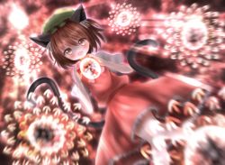 Rule 34 | 1girl, animal ears, blush, brown eyes, brown hair, cat ears, cat tail, chen, danmaku, dutch angle, earrings, fang, glowing, hat, jewelry, looking at viewer, mob cap, multiple tails, niwaniwatori, open mouth, puffy sleeves, shirt, short hair, short sleeves, single earring, skirt, skirt set, smile, solo, tail, touhou, vest
