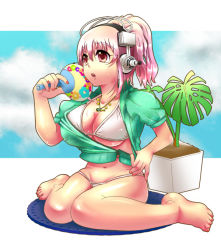 Rule 34 | 1girl, barefoot, bikini, blush, breasts, cleavage, commentary request, hand fan, female focus, headphones, kakuume, large breasts, long hair, navel, nitroplus, open clothes, open mouth, paper fan, pink hair, ponytail, red eyes, sitting, sky, solo, super sonico, swimsuit, uchiwa, wariza