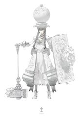 Rule 34 | 1girl, absurdres, bouquet, chess piece, closed mouth, clothing cutout, collar, detached collar, detached sleeves, dress, elbow gloves, english text, flower, frilled collar, frills, gloves, grey hair, grey pantyhose, grey shirt, hammer, highres, holding, holding hammer, holding shield, juliet sleeves, kieed, long sleeves, looking at viewer, low-tied sidelocks, original, pantyhose, pawn (chess), puffy sleeves, rose, shield, shirt, short hair with long locks, white background, white dress, white flower, white gloves, white headwear, white rose, white theme