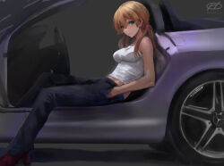 Rule 34 | 1girl, alternate costume, artist logo, black pants, blonde hair, car, commentary request, denim, green eyes, hand in pocket, haruto (harut n), high heels, jeans, kantai collection, long hair, low twintails, mercedes-benz, motor vehicle, pants, prinz eugen (kancolle), solo, tank top, twintails, vehicle request, white tank top