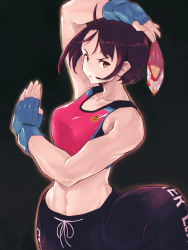 Rule 34 | 1girl, :/, ahoge, asymmetrical bangs, asymmetrical hair, aura, bag, bag of chips, bare shoulders, between fingers, biceps, black background, black pants, blue gloves, bob cut, breasts, brown hair, chips (food), collarbone, crop top, eye trail, fighting stance, fingerless gloves, food, food in mouth, from side, gloves, highres, holding, holding bag, justice gakuen, kazama akira, leg up, light trail, looking to the side, medium breasts, muscular, muscular female, navel, open hands, orange eyes, pants, patch, potato chips, red hair, red sports bra, serious, short hair, sidelocks, simple background, solo, sports bra, standing, standing on one leg, stomach, street fighter, street fighter v, track pants, yellow eyes, yuenibushi