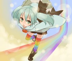 Rule 34 | 1girl, aged down, bad id, bad pixiv id, blue eyes, blue hair, boots, buttons, emdo (norabbit), female focus, hatsune miku, hood, hoodie, large buttons, long sleeves, matching hair/eyes, multicolored clothes, multicolored legwear, patterned legwear, rainbow, rainbow path, rainbowder (vocaloid), solo, striped clothes, striped thighhighs, thighhighs, twintails, vocaloid