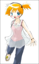 Rule 34 | 1girl, alternate costume, blue eyes, blush, bracelet, creatures (company), female focus, game freak, hair ornament, hairpin, jewelry, misty (pokemon), necklace, nintendo, open mouth, orange hair, pokemon, ring, see-through, side ponytail, simple background, solo, white background