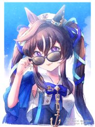 Rule 34 | 1girl, :3, adjusting eyewear, anchor ornament, animal ears, bare arms, black-framed eyewear, blue bow, blue bowtie, blue nails, blue ribbon, blue sky, border, bow, bowtie, brown hair, commentary request, ear covers, glasses, hair ribbon, hand on eyewear, hat, highres, horse ears, horse girl, horse tail, ittokyu, long hair, looking at viewer, multicolored hair, partial commentary, purple eyes, removing eyewear, ribbon, shirt, sidelocks, single ear cover, sky, solo, tail, tongue, tongue out, twintails, twitter username, umamusume, vivlos (umamusume), white border, white hair, white headwear, white shirt