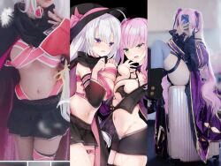 Rule 34 | 2girls, :d, ahoge, artist self-insert, ayachi nene, belt, belt bra, black background, black cloak, black ribbon, black shorts, black skirt, blush, breast press, breasts, cellphone, cleavage, cloak, commentary, company connection, cosplay photo, covered erect nipples, covering face, cowboy shot, criss-cross halter, crossover, curvy, detached sleeves, dress, embarrassed, eyes visible through hair, facing viewer, fang, finger to mouth, green eyes, grey hair, grey thighhighs, groin, hair between eyes, hair ribbon, halterneck, hand up, hat, hat ribbon, heart, heart in eye, highres, holding, holding phone, imoe (1017933989), knee up, large breasts, long hair, long sleeves, looking at another, miniskirt, multiple girls, naughty face, navel, o-ring, open mouth, phone, photo (medium), pink belt, pink hair, pink ribbon, pleated skirt, purple dress, purple eyes, real life insert, ribbon, sanoba witch, selfie, shorts, sidelocks, simple background, sitting, skirt, smartphone, smile, sweat, symbol-only commentary, symbol in eye, symmetrical docking, tanikaze amane, teeth, tenshi souzou re-boot!, thighhighs, tsurime, twintails, very long hair, viz (tenshi souzou re-boot!), wide sleeves, witch, witch hat, yellow ribbon, yuzu-soft