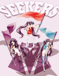 Rule 34 | 3girls, ass, bad id, bad pixiv id, black hair, flag, gloves, high heels, highres, long hair, multiple girls, necktie, nogusa, personification, red eyes, shadow, shoes, skywarp, smile, starscream, thighhighs, thundercracker, transformers, transformers: generation 1, twintails, very long hair