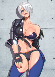 Rule 34 | 1girl, :3, akisu k, angel (kof), blue eyes, breasts, chromatic aberration, cleavage, collared jacket, cropped jacket, female focus, fingerless gloves, gloves, hair over one eye, jacket, large breasts, leather, leather jacket, midriff, off-shoulder jacket, off shoulder, one eye covered, revealing clothes, short hair, snk, solo, tagme, the king of fighters, tongue, tongue out, white hair