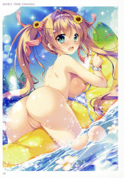 Rule 34 | 1girl, absurdres, artist name, ass, banana boat, bikini, blonde hair, blue eyes, blush, bow, bracelet, breasts, censored, cleft of venus, day, floatie, flower, flower bracelet, food floatie, hair bow, hair ornament, hairband, hairclip, highres, jewelry, looking at viewer, looking back, medium breasts, mikeou, mosaic censoring, nipples, nude, open mouth, original, outdoors, palm tree, pussy, sky, solo, sparkle, striped bikini, striped clothes, sunlight, swimsuit, toranoana, tree, untied bikini, water