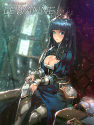 Rule 34 | 1girl, armor, black hair, blue eyes, blush, breasts, cleavage, crown, highres, large breasts, liebe loss, long hair, looking at viewer, original, sitting, solo, sparkle