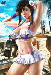 Rule 34 | 1girl, absurdres, armpits, arms up, artist name, bikini, black hair, breasts, cleavage, day, final fantasy, final fantasy vii, final fantasy vii remake, flower, frilled bikini, frills, hair flower, hair ornament, highres, large breasts, lips, logan cure, long hair, looking at viewer, navel, outdoors, paid reward available, realistic, red eyes, solo, swimsuit, tifa lockhart, tifa lockhart (shining spirit), weights, wet