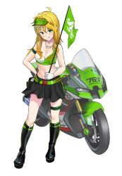 Rule 34 | 1girl, :q, ahoge, black footwear, black skirt, blonde hair, boots, breasts, cleavage, closed mouth, commentary request, crop top, flag, full body, gloves, green eyes, hand on own hip, holding, holding flag, hoshii miki, idolmaster, idolmaster million live!, knee boots, long hair, medium breasts, motor vehicle, motorcycle, navel, saya endo (27), simple background, skirt, smile, solo, standing, tongue, tongue out, white background, white gloves