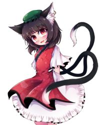 Rule 34 | 1girl, animal ears, arms behind back, brown hair, cat ears, cat tail, chen, cowboy shot, dress, earrings, fangs, foul detective satori, green hat, hat, head tilt, highres, jewelry, looking at viewer, mob cap, multiple tails, open mouth, red eyes, red tabard, shen li, short hair, short sleeves, single earring, solo, tabard, tail, touhou, transparent background, two tails, white dress
