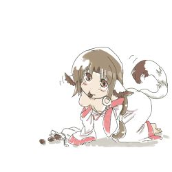 Rule 34 | 1girl, ainu clothes, all fours, animal ears, aquaplus, bare shoulders, barefoot, bent over, biting, blush, breasts, breasts out, brown hair, chocolate, dress, eruruu, eutaware, feet, full body, hair ornament, head tilt, long hair, long sleeves, looking at viewer, low-tied long hair, nipples, off shoulder, open clothes, open dress, parted bangs, red eyes, sidelocks, sketch, small breasts, solo, tail, utawarerumono, very long hair, wide sleeves