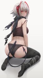 Rule 34 | 1girl, absurdres, ahoge, antennae, arknights, ass, back, bare shoulders, black camisole, black legwear, black panties, black scarf, blush, breasts, camisole, demon tail, free style (yohan1754), grey hair, highres, horns, looking at viewer, medium breasts, panties, red eyes, scarf, short hair, simple background, sitting, smile, solo, tail, underwear, w (arknights), wariza, white background