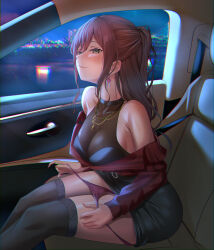 Rule 34 | 1girl, armpit crease, bang dream!, bare shoulders, black shirt, black skirt, black thighhighs, blurry, blurry background, blush, breasts, brown hair, car interior, car seat, chromatic aberration, cleavage, closed mouth, commentary, earrings, feet out of frame, fingernails, from side, furiousghafo, green eyes, hair between eyes, half-closed eyes, half updo, heart, heart necklace, highres, imai lisa, jewelry, large breasts, leaning forward, long hair, long sleeves, looking at viewer, looking to the side, miniskirt, moonlight, naughty face, necklace, night, nose blush, off shoulder, panties, panty pull, pencil skirt, pendant, pulling own clothes, rabbit earrings, red panties, red shirt, seatbelt, see-through, shirt, sideboob, sidelocks, sideways glance, sitting, skirt, skyline, sleeveless, sleeveless shirt, smirk, solo, string panties, striped clothes, striped shirt, thighhighs, underwear, vertical-striped clothes, vertical-striped shirt, wavy hair