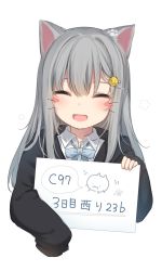 Rule 34 | 1girl, :d, ^ ^, amashiro natsuki, animal ears, bad id, bad twitter id, black jacket, blue bow, blush, blush stickers, bow, cat ears, closed eyes, collared shirt, commentary request, dress shirt, facing viewer, fang, grey hair, hair between eyes, hair ornament, hairclip, highres, holding, holding sign, hood, hood down, hooded jacket, jacket, long hair, long sleeves, nachoneko, open mouth, original, shirt, sign, simple background, sleeves past fingers, sleeves past wrists, smile, solo, translation request, upper body, white background, white shirt