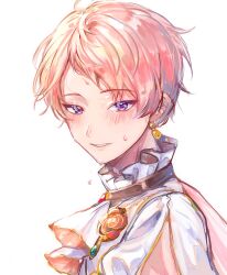 Rule 34 | 1boy, blush, commentary request, earrings, ensemble stars!, flower, highres, itsuki shu, jewelry, looking at viewer, machi es, male focus, official alternate costume, parted lips, pink hair, purple eyes, short bangs, short hair, simple background, solo, sweat, upper body, white background