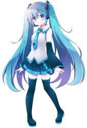 Rule 34 | 1girl, aqua eyes, aqua hair, aqua necktie, bare shoulders, belt, black skirt, black sleeves, black thighhighs, bloom, boots, commentary, contrapposto, derivative work, detached sleeves, full body, grey shirt, hair ornament, hatsune miku, headphones, headset, highres, long hair, looking at viewer, miniskirt, necktie, pleated skirt, shirt, shoulder tattoo, skirt, sleeveless, sleeveless shirt, sleeves past wrists, smile, solo, standing, tattoo, thigh boots, thighhighs, twintails, urara (sumairuclover), very long hair, vocaloid, vocaloid boxart pose, white background, zettai ryouiki