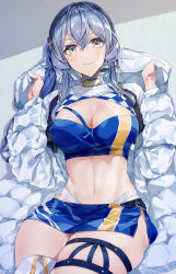 Rule 34 | 1girl, absurdres, bandeau, blue bandeau, blue eyes, blue hair, boots, breasts, cleavage, gotland (kancolle), hair between eyes, headset, highres, kantai collection, long hair, looking at viewer, midriff, mole, mole under eye, navel, official alternate costume, picoli1313, race queen, sitting, smile, solo, white footwear