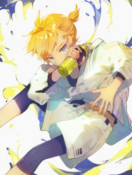 Rule 34 | 1boy, absurdres, blonde hair, blue eyes, bottle, commentary, covering own mouth, drawstring, feet out of frame, highres, holding, holding bottle, jacket, kagamine len, leaning forward, looking at viewer, male focus, midriff peek, short ponytail, shorts, sparkle, spiked hair, splashing, symbol-only commentary, tank top, tsurime, vocaloid, white background, white jacket, white shorts, yamada ichi