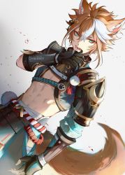 Rule 34 | 1boy, animal ears, armor, black gloves, brown hair, darkavey, dutch angle, eyeshadow, fang, finger to mouth, fingerless gloves, fox boy, fox ears, fox tail, genshin impact, gloves, gorou (genshin impact), green eyes, hair between eyes, highres, japanese armor, makeup, multicolored hair, open mouth, stomach, streaked hair, tail, white background