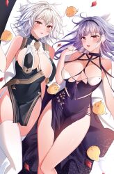 Rule 34 | 2girls, azur lane, breast curtains, breasts, china dress, chinese clothes, criss-cross halter, dido (anxious bisque doll) (azur lane), dido (azur lane), dress, flower, from above, garter straps, gloves, grey dress, hair flower, hair ornament, hairband, half gloves, halter dress, halterneck, highres, large breasts, long hair, looking at viewer, looking up, lying, manjuu (azur lane), multiple girls, official alternate costume, on back, pelvic curtain, purple dress, purple hair, purple hairband, red eyes, revealing clothes, ribbon between breasts, sirius (azur lane), sirius (azure horizons) (azur lane), suimo (suimodayo), thighhighs, white garter straps, white hair, white thighhighs