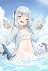 Rule 34 | 1girl, ;d, absurdres, animal, applepie (12711019), bikini, bikini skirt, bloop (gawr gura), blue eyes, blue hair, blue jacket, blue sky, blush, breasts, cloud, collarbone, commentary request, conch, day, drawstring, fins, fish tail, gawr gura, groin, hair ornament, highres, holding, hololive, hololive english, hood, hood down, hooded jacket, jacket, lens flare, long hair, looking at viewer, multicolored hair, navel, one eye closed, open clothes, open jacket, open mouth, outdoors, see-through, shark, shark tail, sharp teeth, silver hair, sky, small breasts, smile, streaked hair, swimsuit, tail, teeth, two side up, virtual youtuber, water, white bikini