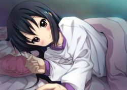 Rule 34 | 1girl, alternate hairstyle, bed, black hair, blurry, blush, brown eyes, depth of field, foreshortening, hair down, highres, k-on!, long hair, looking at viewer, lying, nakano azusa, on side, outstretched arm, pajamas, pillow, pov, ryunnu, smile, solo
