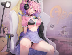 Rule 34 | 1girl, absurdres, animal ears, aqua necktie, arknights, black bra, black jacket, black panties, blue skirt, blush, bra, braid, breasts, chair, character doll, clothes lift, doctor (arknights), drill hair, duck lord (arknights), hair between eyes, headphones, highres, jacket, large breasts, long hair, long sleeves, looking at viewer, necktie, object insertion, off shoulder, office chair, open clothes, open jacket, open mouth, panties, pink bra, pink eyes, pink hair, pink shirt, purple hair, purple jacket, pussy juice, sex toy, shirt, shirt lift, sitting, skirt, sktre12, solo, studio lights, stuffed animal, stuffed rabbit, stuffed toy, swivel chair, twin drills, two-sided fabric, two-sided jacket, two-tone bra, u-official (arknights), underwear, upskirt, vaginal, vaginal object insertion, vibrator, vibrator cord, vibrator under clothes, wavy mouth