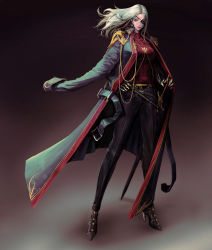 Rule 34 | 1girl, belt, black pants, blue eyes, breasts, claws, coat, commentary, earrings, eyepatch, full body, gauntlets, gradient background, green coat, hand on hilt, hand on own hip, high heels, highres, jacket, jacket on shoulders, jewelry, kyung han kim, large breasts, long sleeves, medium breasts, necklace, nose, one eye covered, open clothes, open coat, original, pants, parted lips, pink lips, red shirt, ribbed shirt, scabbard, sheath, sheathed, shirt, smile, solo, standing, sword, teeth, weapon, white hair