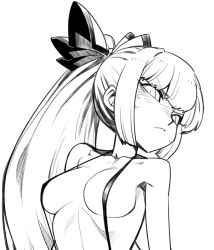 Rule 34 | 1girl, bare shoulders, blush, bow, breasts, cranky, female focus, fujiwara no mokou, greyscale, hair bow, long hair, looking at viewer, medium breasts, monochrome, naked suspenders, ponytail, simple background, solo, spacezin, suspenders, topless, topless frame, touhou, upper body