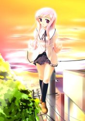 Rule 34 | 00s, 1girl, aoi mikan, arms behind back, head tilt, kneehighs, loafers, long hair, looking at viewer, lucy maria misora, outdoors, pink hair, pleated skirt, power lines, purple eyes, shoes, skirt, socks, solo, sunset, thigh gap, to heart (series), to heart 2, tree, utility pole