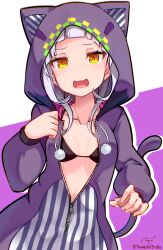 Rule 34 | 1girl, :d, absurdres, animal ears, baileys (tranquillity650), bikini, black bikini, blunt bangs, blush, breasts, brown eyes, cat ears, cat tail, grey hair, highres, hololive, hood, hooded jacket, jacket, long hair, looking at viewer, murasaki shion, open mouth, small breasts, smile, solo, swimsuit, tail, virtual youtuber