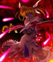 Rule 34 | 00s, 1girl, blue eyes, bow, brown hair, energy ball, fire, highres, lyrical nanoha, magazine (weapon), magical girl, mahou shoujo lyrical nanoha, mahou shoujo lyrical nanoha a&#039;s, mutsuki (moonknives), purple eyes, raising heart, red bow, red hair, seven arcs, solo, staff, takamachi nanoha, torn clothes, twintails, white devil