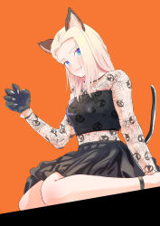 Rule 34 | 1girl, absurdres, animal ears, animal hands, ankle boots, black shirt, black skirt, blonde hair, blue eyes, boots, cat ears, cat tail, clara (girls und panzer), claws, closed mouth, commentary, crop top, dutch angle, fake animal ears, fake tail, girls und panzer, gloves, halloween, halloween costume, highres, jack-o&#039;-lantern print, long hair, long sleeves, medium skirt, midriff, natsugou shinogi, orange background, oze (xyz go go11), paw gloves, see-through, shirt, simple background, sitting, skirt, smile, solo, tail, wariza