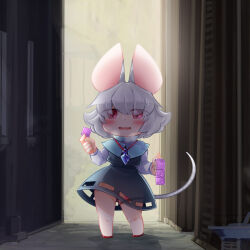 Rule 34 | 1girl, alley, animal ears, bbb (33kudo), blue capelet, blush, capelet, commentary request, condom, condom packet strip, condom wrapper, crystal, egg vibrator, eyes visible through hair, flat chest, full body, grey hair, grey skirt, grey vest, hair between eyes, highres, holding, holding condom, jewelry, long sleeves, looking at viewer, medium bangs, mouse ears, mouse girl, mouse tail, nazrin, no panties, object insertion, open mouth, pendant, red eyes, sex toy, shirt, short hair, skirt, smile, solo, standing, tail, touhou, vaginal, vaginal object insertion, vest, vibrator, vibrator in thigh strap, white shirt