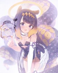 Rule 34 | 1girl, angel wings, asymmetrical sleeves, blue eyes, blush, collarbone, detached sleeves, duplicate, fang, feet out of frame, flat chest, glass, halo, highres, hololive, hololive english, long hair, ninomae ina&#039;nis, open mouth, purple hair, sankyaku tako, single sleeve, tagme, takodachi (ninomae ina&#039;nis), tentacle hair, tentacles, tiara, virtual youtuber, wings