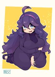 Rule 34 | 1girl, @ @, ahoge, alternate breast size, blush, breast hold, breasts, chichibu (watson), commentary, commentary request, commission, creatures (company), dress, game freak, hairband, hex maniac (pokemon), highres, long dress, long hair, long sleeves, mary janes, nintendo, npc trainer, open mouth, pokemon, pokemon xy, purple dress, purple eyes, purple hair, purple hairband, shoes, sitting, solo, wariza, yellow background